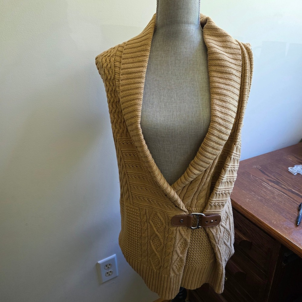 Lauren Ralph Lauren Tan Knit Buckle Sweater Vest Large Western Heritage Preppy